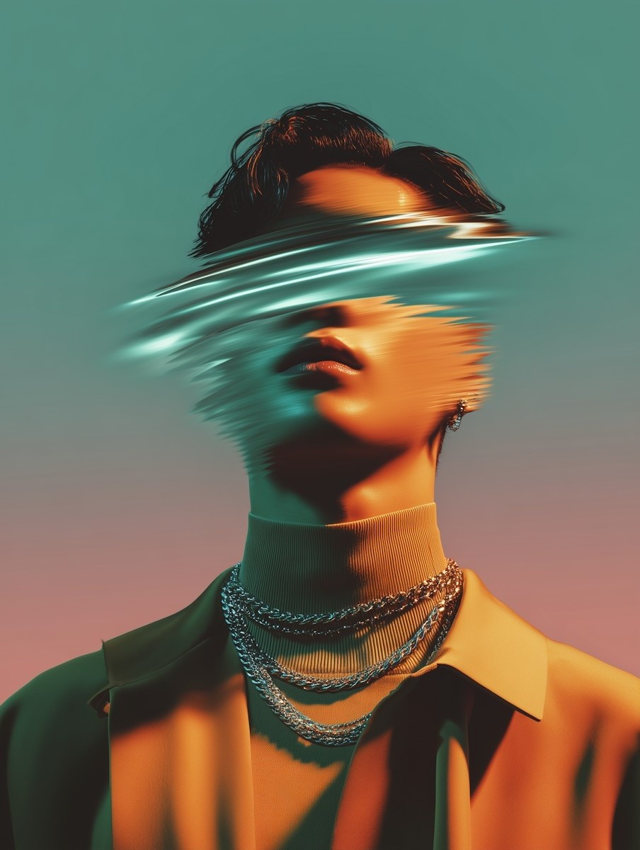 A surreal portrait features a person with a digitally distorted face, set against a gradient background of teal and pink hues, wearing layered silver necklaces over a high-collared shirt.