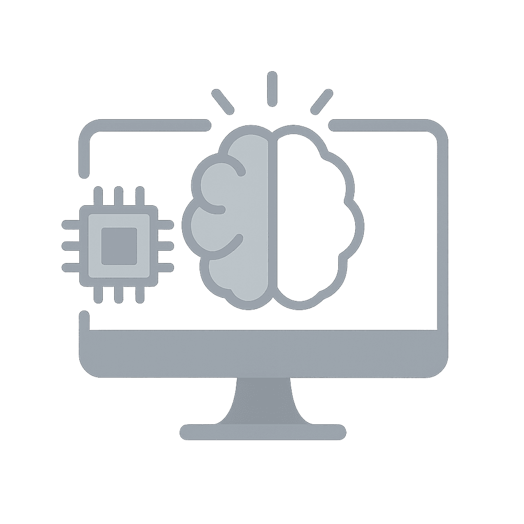 Flache Vektorgrafik in Graustufen mit Monitor, Mikrochipsymbol und Gehirnumriss – vermittelt Technologieverständnis und eine positive Haltung gegenüber Künstlicher Intelligenz.