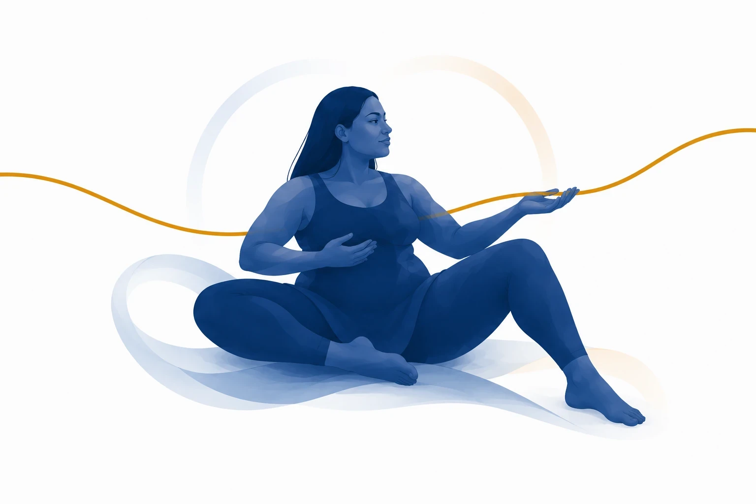 Figura feminina indígena sentada acolhe o fio dourado com uma das mãos, representando cuidado e autonomia.