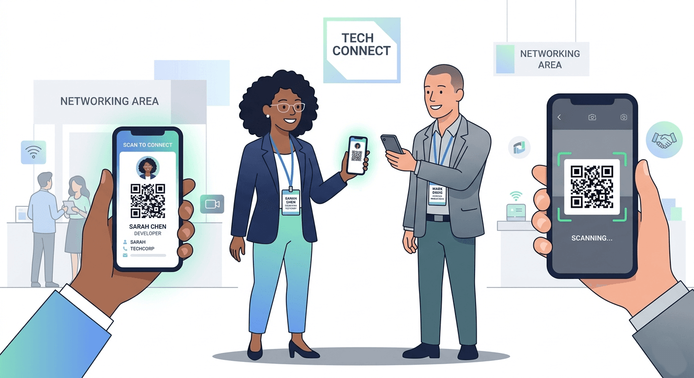 Digital business card being shared at a networking event using a QR code on a smartphone.