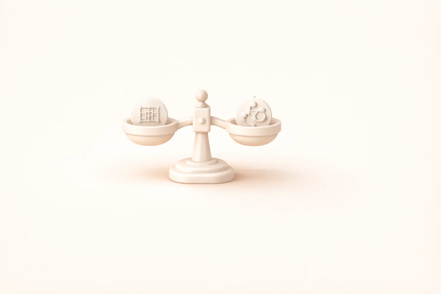 Neumorphic balance scales on cream canvas representing the risk-yield trade-off in DeFi vaults for real-world assets