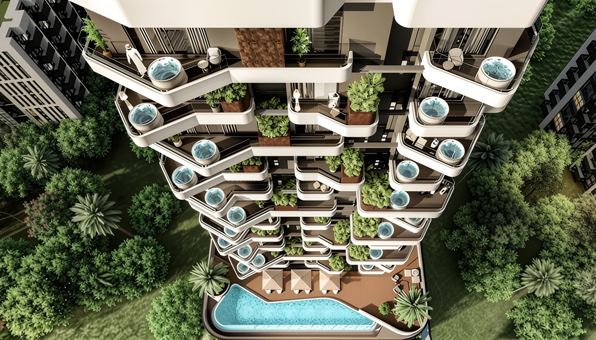 Marea Residences, a tall building adorned with a vibrant rooftop garden showcasing an array of plants.
