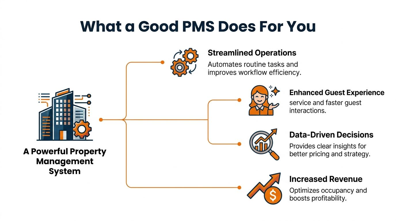 A diagram illustrating how a powerful property management system streamlines operations and improves overall business performance.