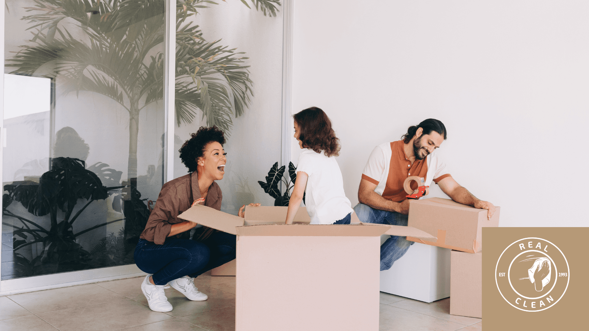 family happily unpacking