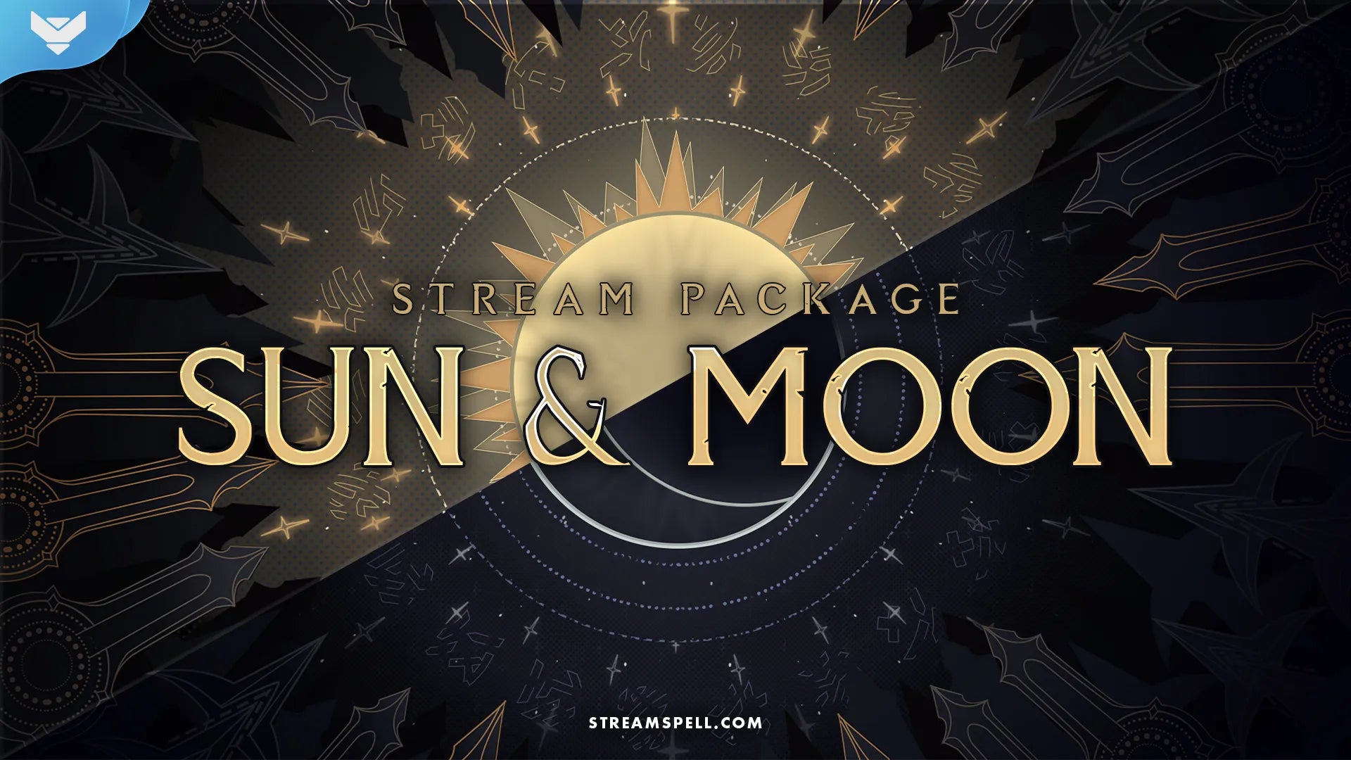 Sun and Moon Stream Package main preview with solar and lunar stream layouts in gold and dark blue.