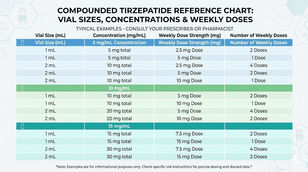 Compounded tirzepatide vial doses per size and concentration chart