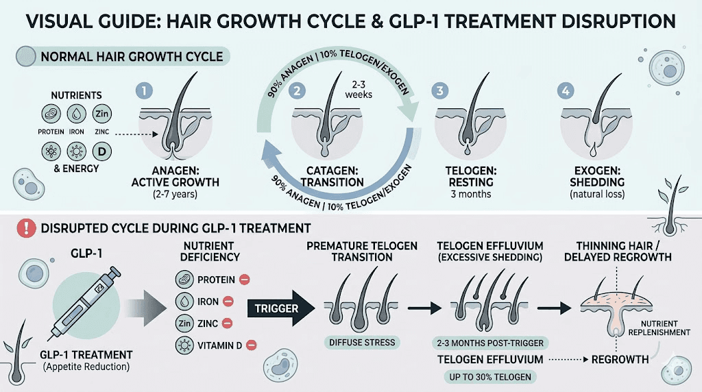 Hair growth cycle disruption from nutrient deficiency during GLP-1 medication use