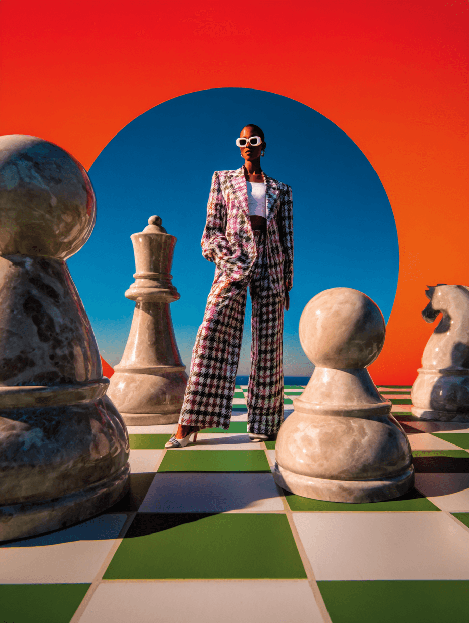 Surreale Modekampagne mit einem Model im karierten Anzug auf einem riesigen Schachbrett zwischen überdimensionalen Schachfiguren.
