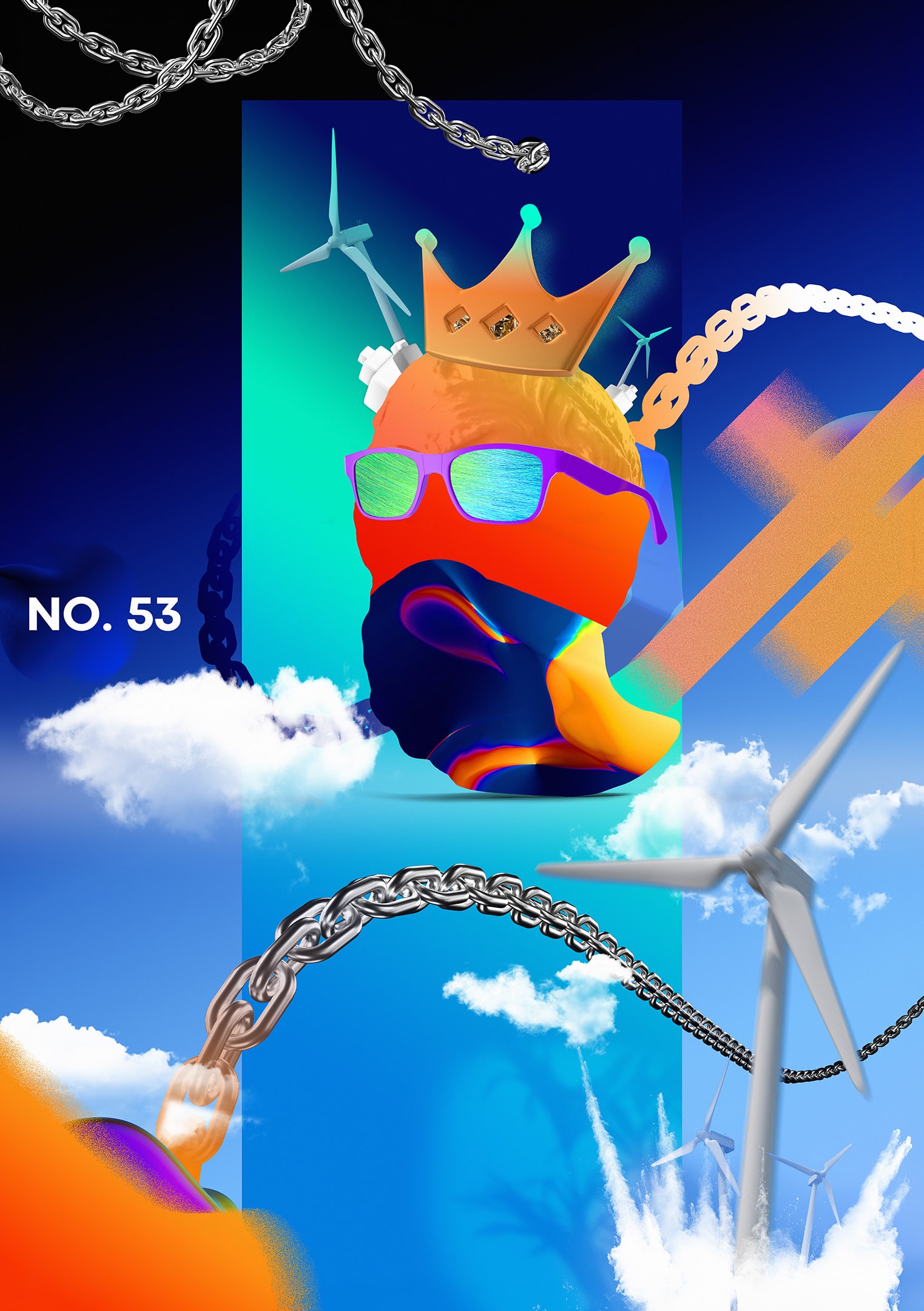 Experimental poster design featuring abstract 3D portrait and renewable energy elements