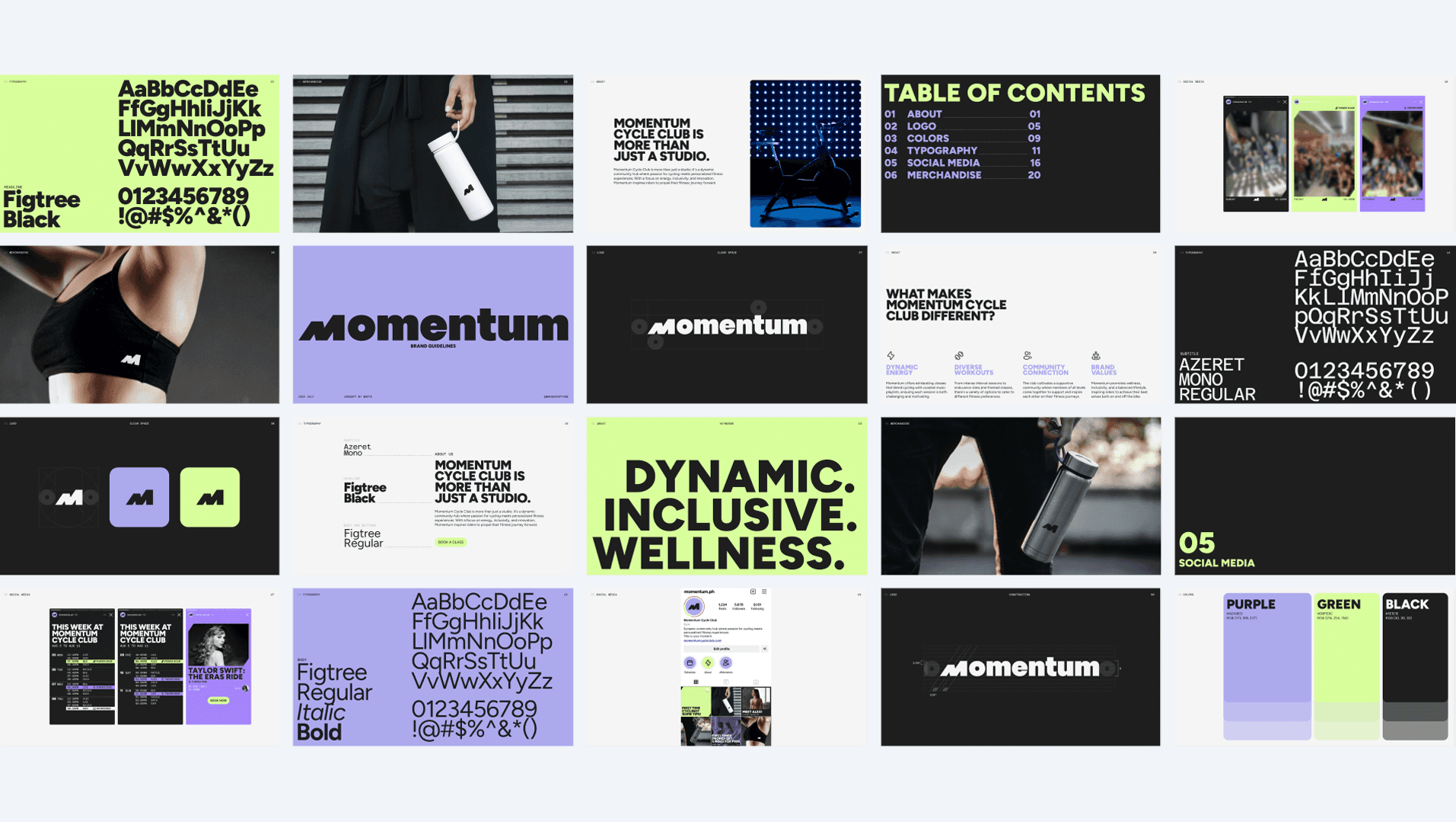 Pages of a style guide compiled to present Momentum's branding and touchpoints.