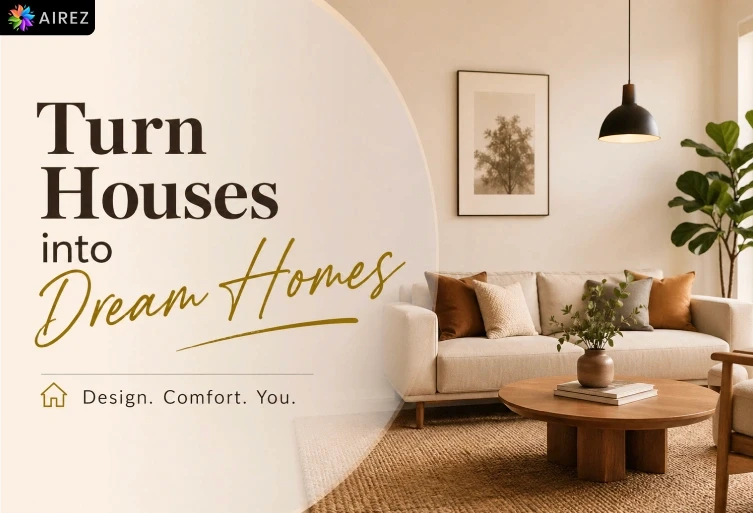 Modern interior design blog thumbnail featuring a stylish living room with elegant sofa, warm lighting, wooden furniture, and premium typography displaying “Turn Houses into Dream Homes” in a clean and minimal layout.