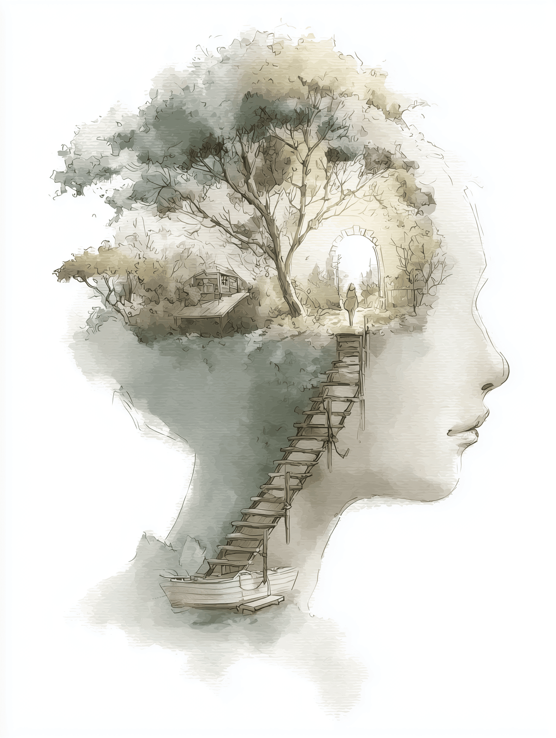 Watercolor illustration of a human profile blending with trees, stairs, and a pathway, symbolizing self-discovery and insight through psychological assessment at Roots & Reach.