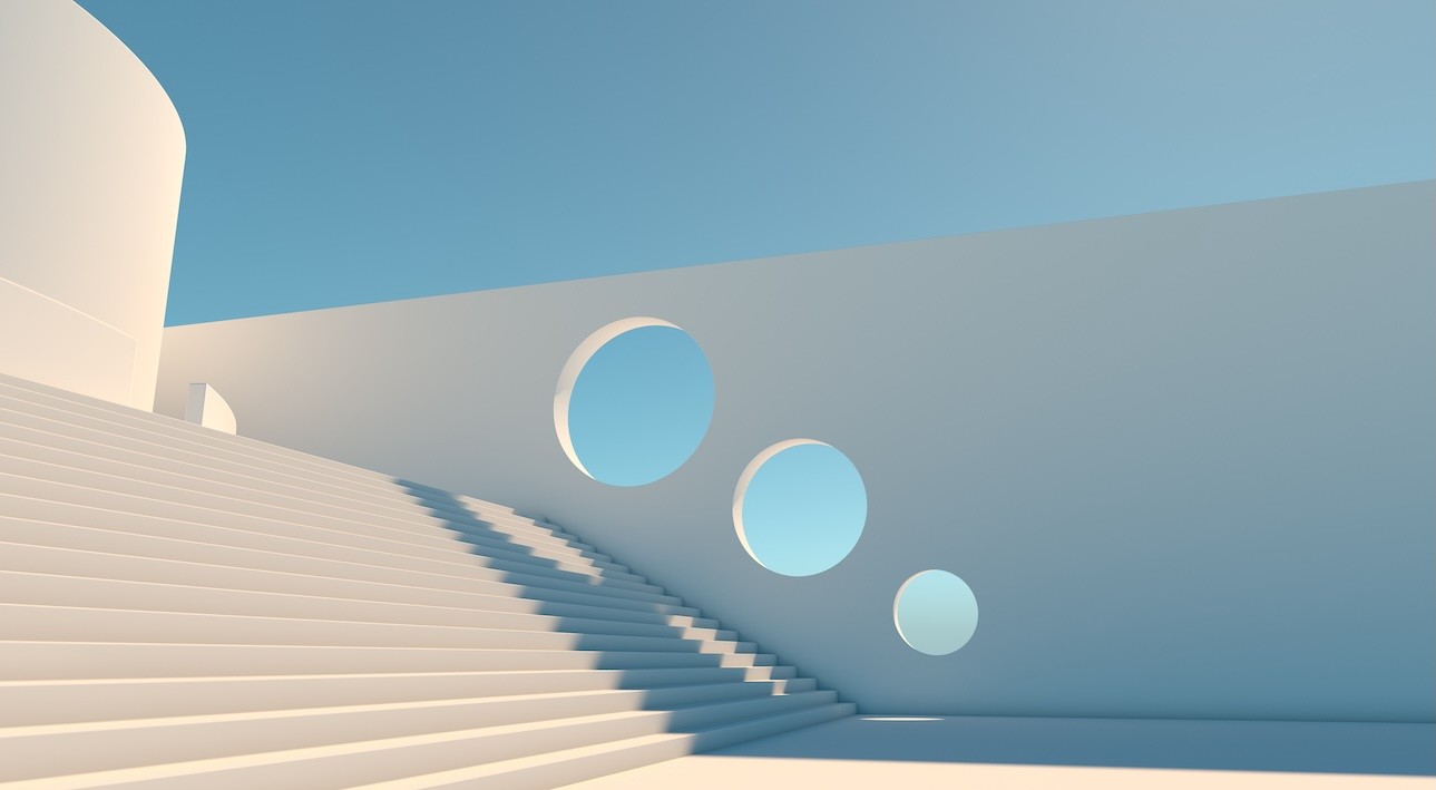 Minimalistische Treppenszene in Beige und Blau mit geometrischen Kreisen und weichen Schatten