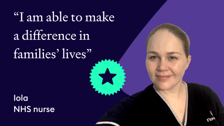 ola, a Florence Star Award winner and NHS nurse, smiling on a dark purple background with a star icon and the quote "I am able to make a difference in families' lives"