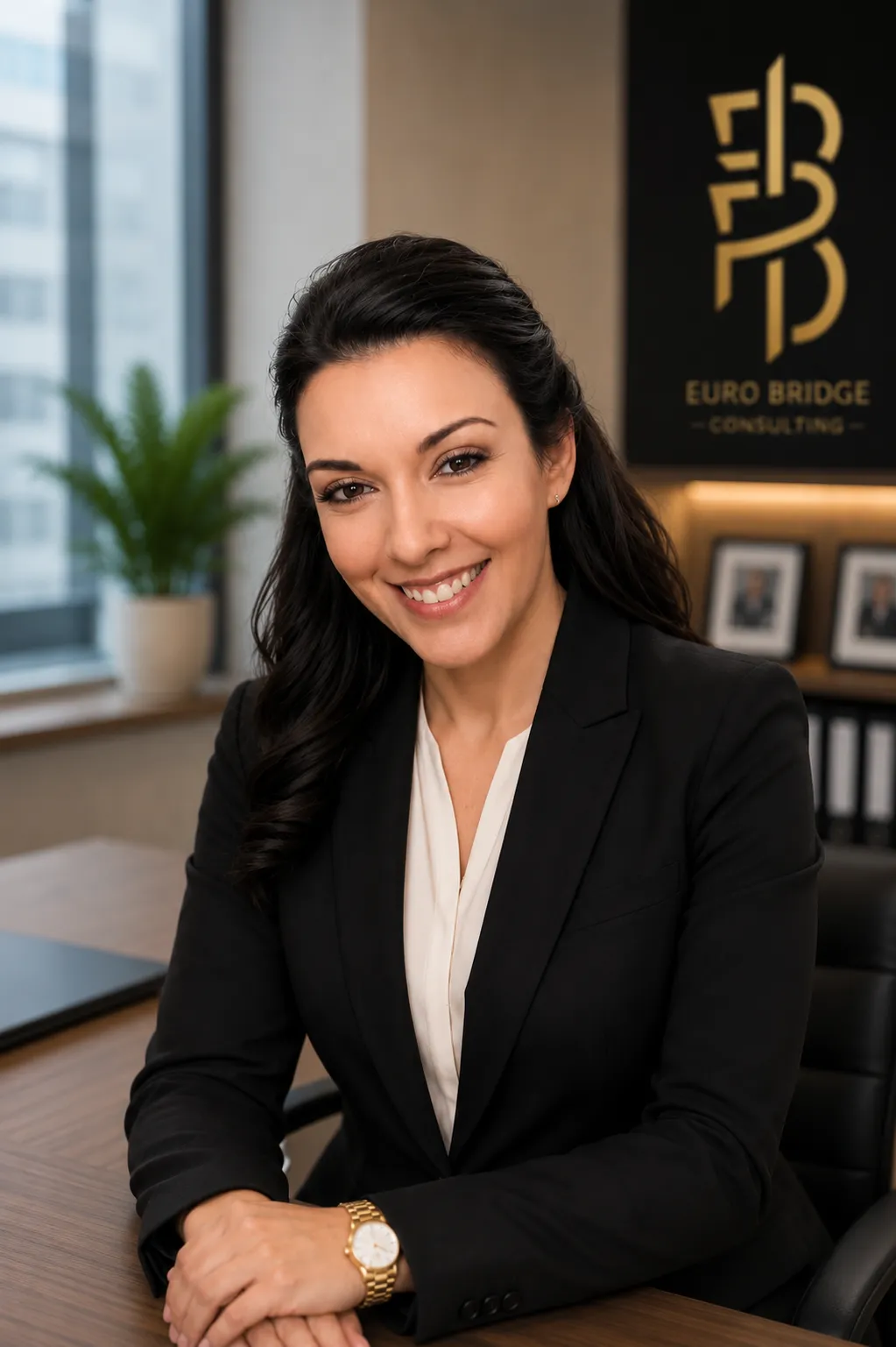 Portrait of a smiling businesswoman seated in a modern office