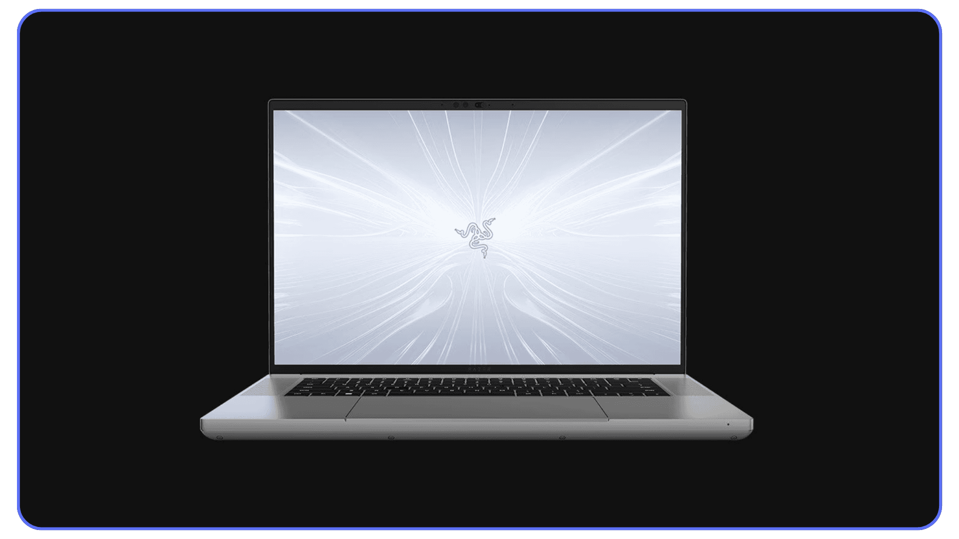 Razer Blade 16 laptop with silver chassis and illuminated screen on black background