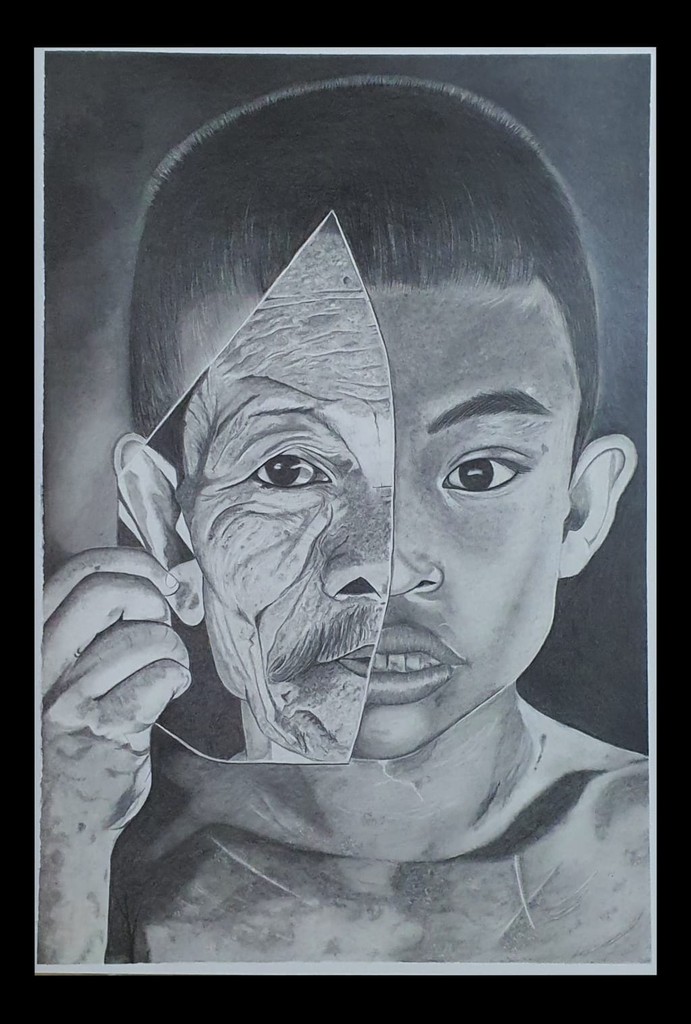 Pencil shading portrait showing a young boy morphing into an elderly face with detailed graphite textures.