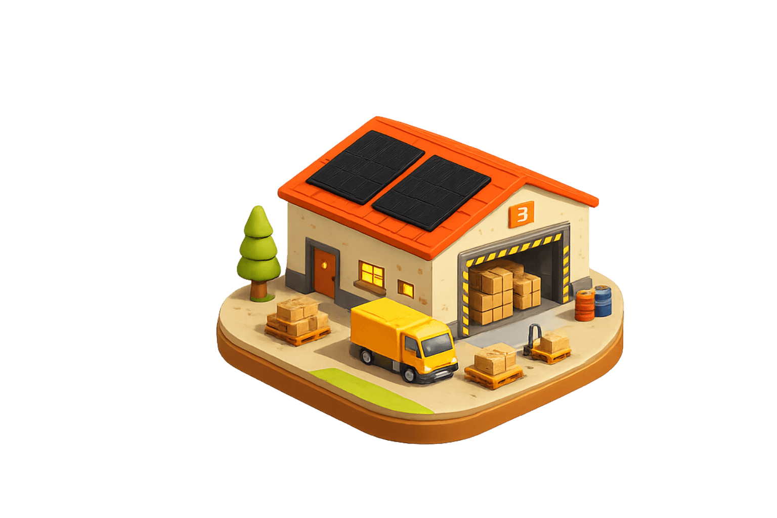 Illustration qui représente un entrepôt avec des panneaux solaires sur le toit