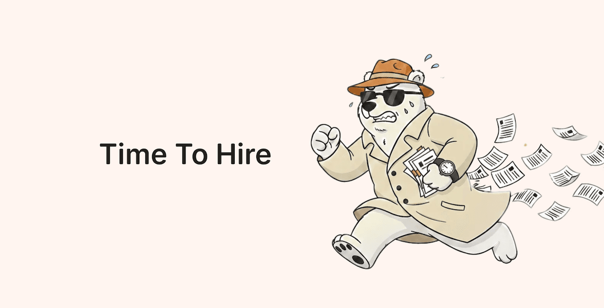 Illustration of a bear rushing with a pile of CV's in his hands, that are quickly flying away while he is running. Next to it, there is a title "Time to hire"