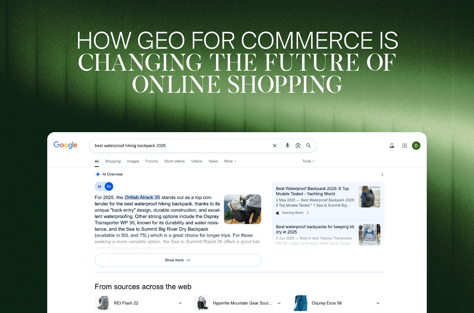 Google AI Overview mit Antwort auf die Suche nach dem besten wasserdichten Wanderrucksack, GEO für Commerce