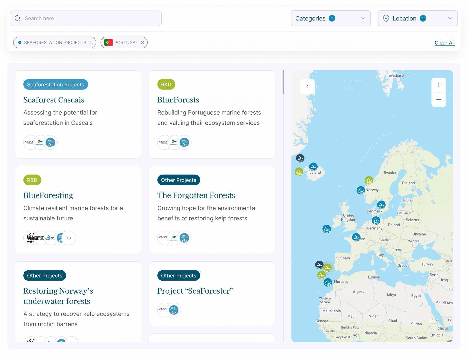 Interactive map with European seaforestation projects listed on the left and plotted on the right. Projects include "Seaforest Cascais" and "BlueForests."