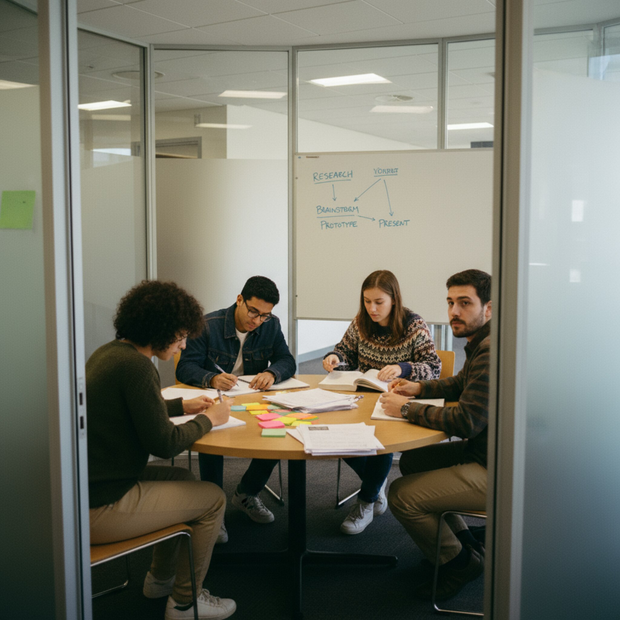 A modern meeting room with a round table surface is set behind semi-transparent glass walls. On the table, colorful sticky notes and printed worksheets are neatly arranged in stacks. A wall board displays handwritten headings and arrows. Voices are softly muted, creating an atmosphere that feels focused and open.