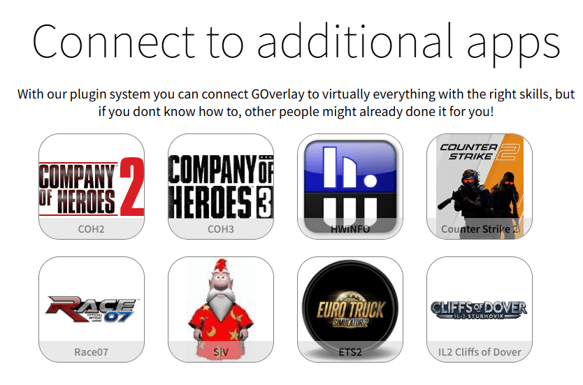 4GOverlay website showing additional app and plugin options, including HWiNFO and Counter-Strike 2.