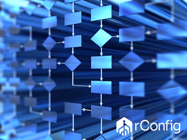 Blue background featuring the text "rconfig" in a bold, modern font.