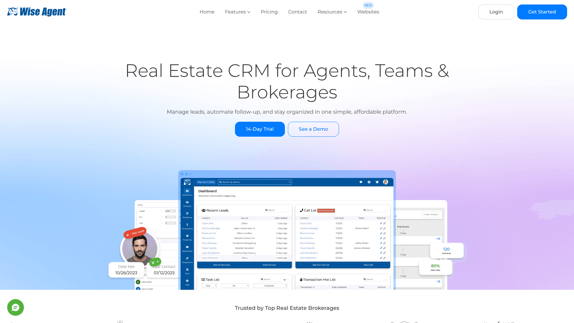 Screenshot of Wise Agent homepage — Real Estate Technology, AI Sales Automation, CRM & Pipeline Management, Lead Generation tool comparison