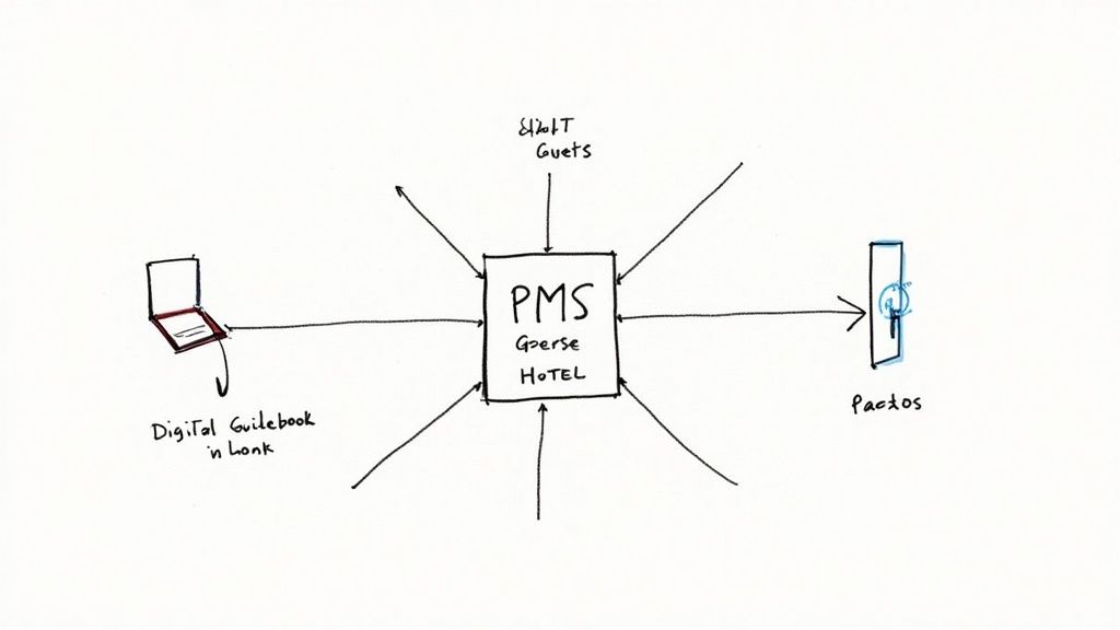 A guest using a tablet to view a digital guidebook inside a modern, stylish rental property.