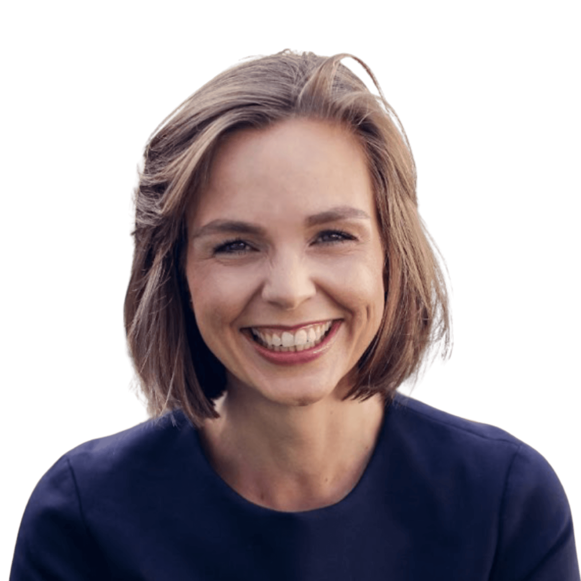 A smiling woman with her arms crossed, standing against a dark green background. She has long, dark hair.