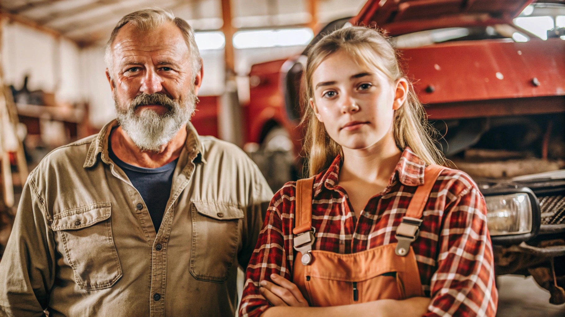 Jack, 45 yo mechanic stands with his 16 yo daughter, rural area