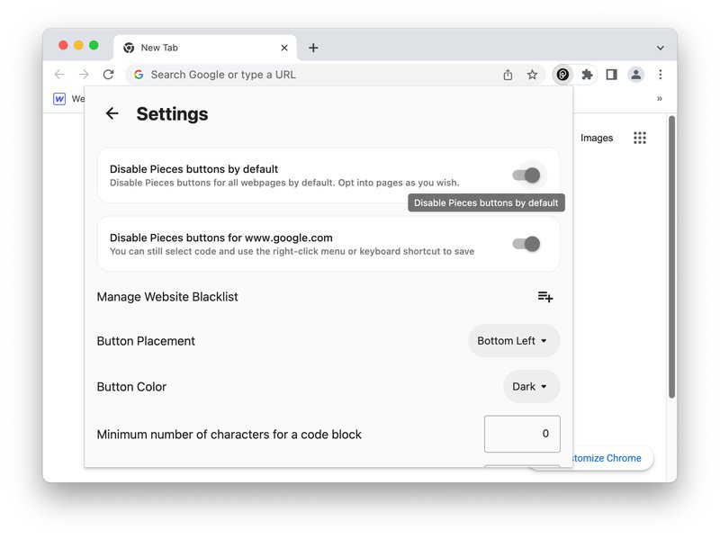 The setting to Disable Pieces buttons by default.
