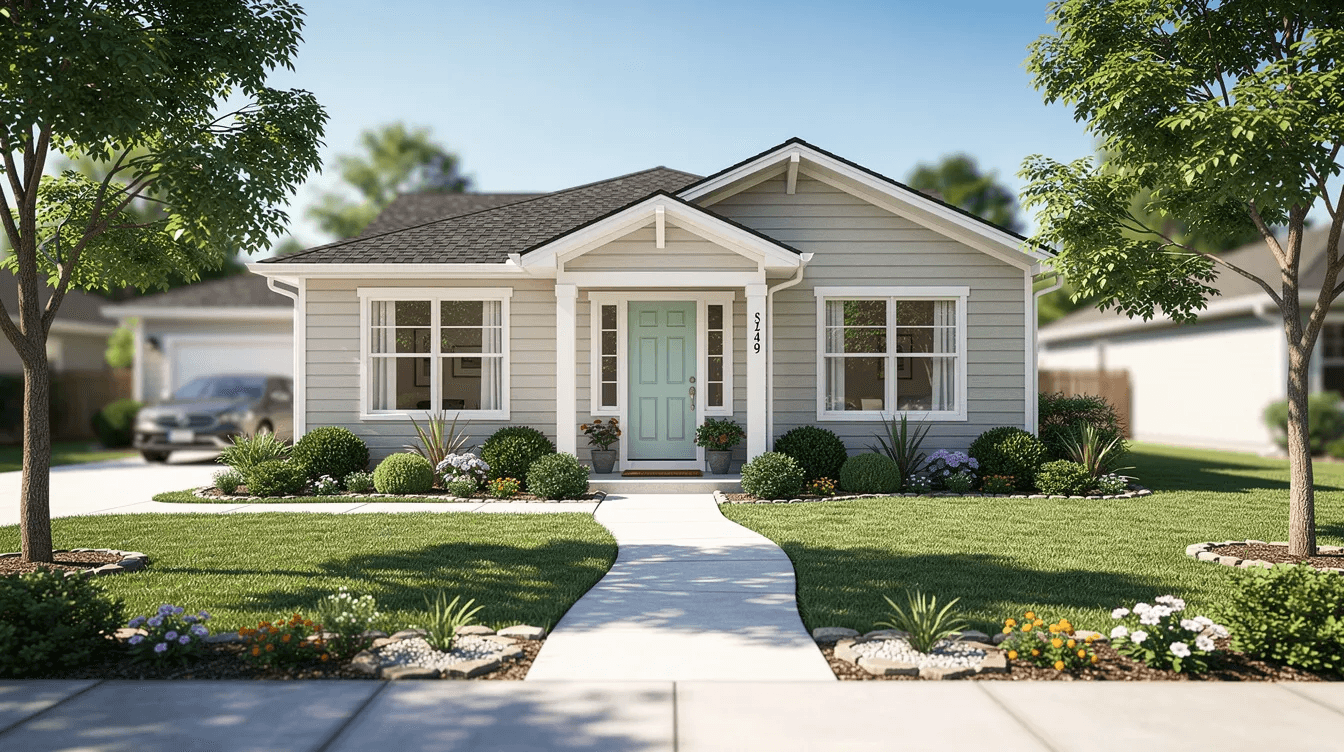 A charming suburban home features a well-maintained front yard with vibrant greenery and a clear walkway leading to the front door, all set against a bright, sunny sky. This inviting scene reflects the appeal of buying a home, whether through paying cash or navigating mortgage rates, making it a great option for potential buyers in today's competitive market.