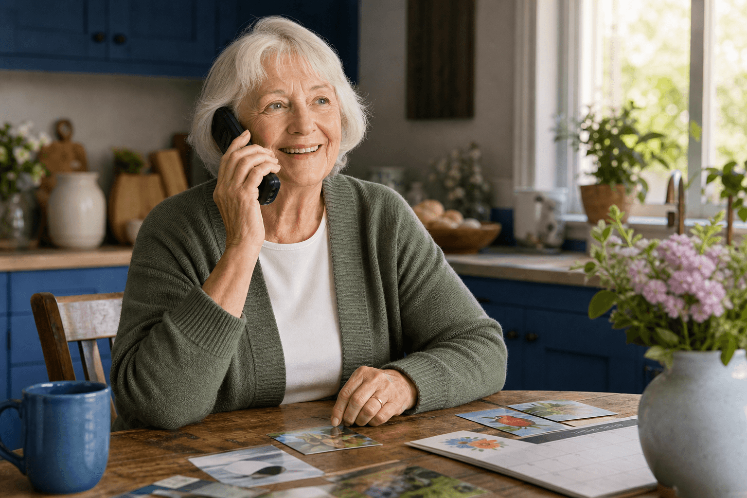 This image features an elderly woman with gray hair wearing a green cardigan and white shirt seated at a wooden kitchen table. She is smiling and speaking on a cordless phone. The table in front of her displays several picture cards with images of birds and flowers, along with a calendar. The kitchen in the background has blue cabinets, a window letting in natural light, and household items like a blue mug and potted plants. The setting depicts a calm, domestic atmosphere potentially illustrating themes of communication, elderly care, or memory support activities.