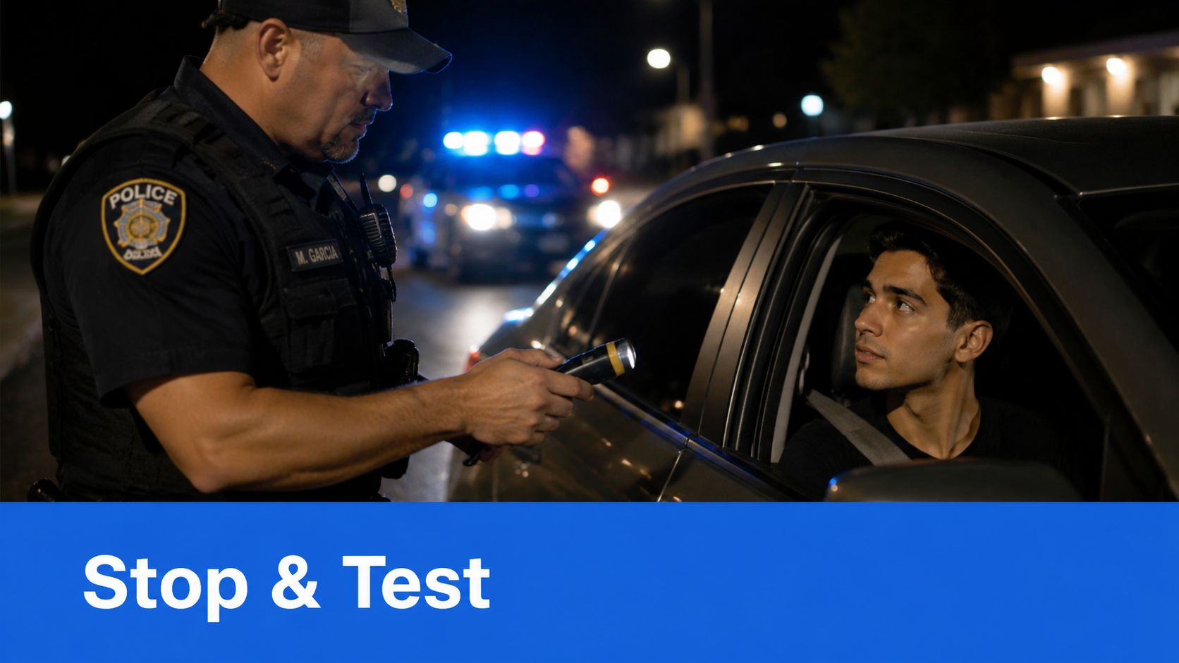 A police officer uses a flashlight to perform a field sobriety test on a driver at night.