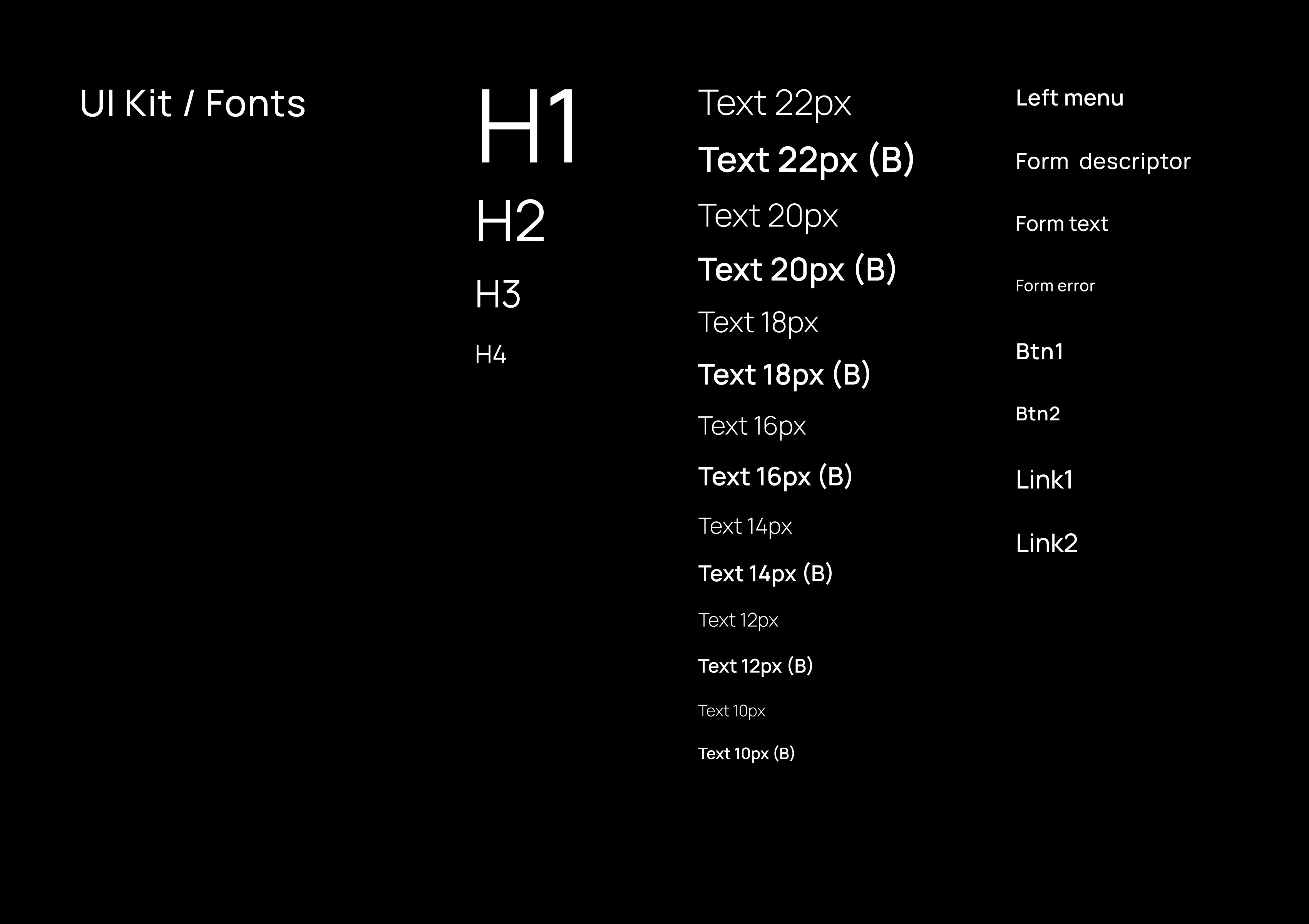 Typography system of the G-link UI Kit displaying heading styles, text sizes, and interface font roles.