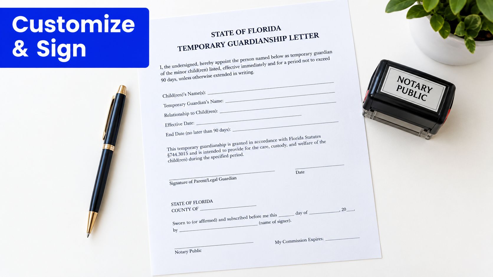 A printed State of Florida temporary guardianship letter with a pen and notary stamp on a desk.