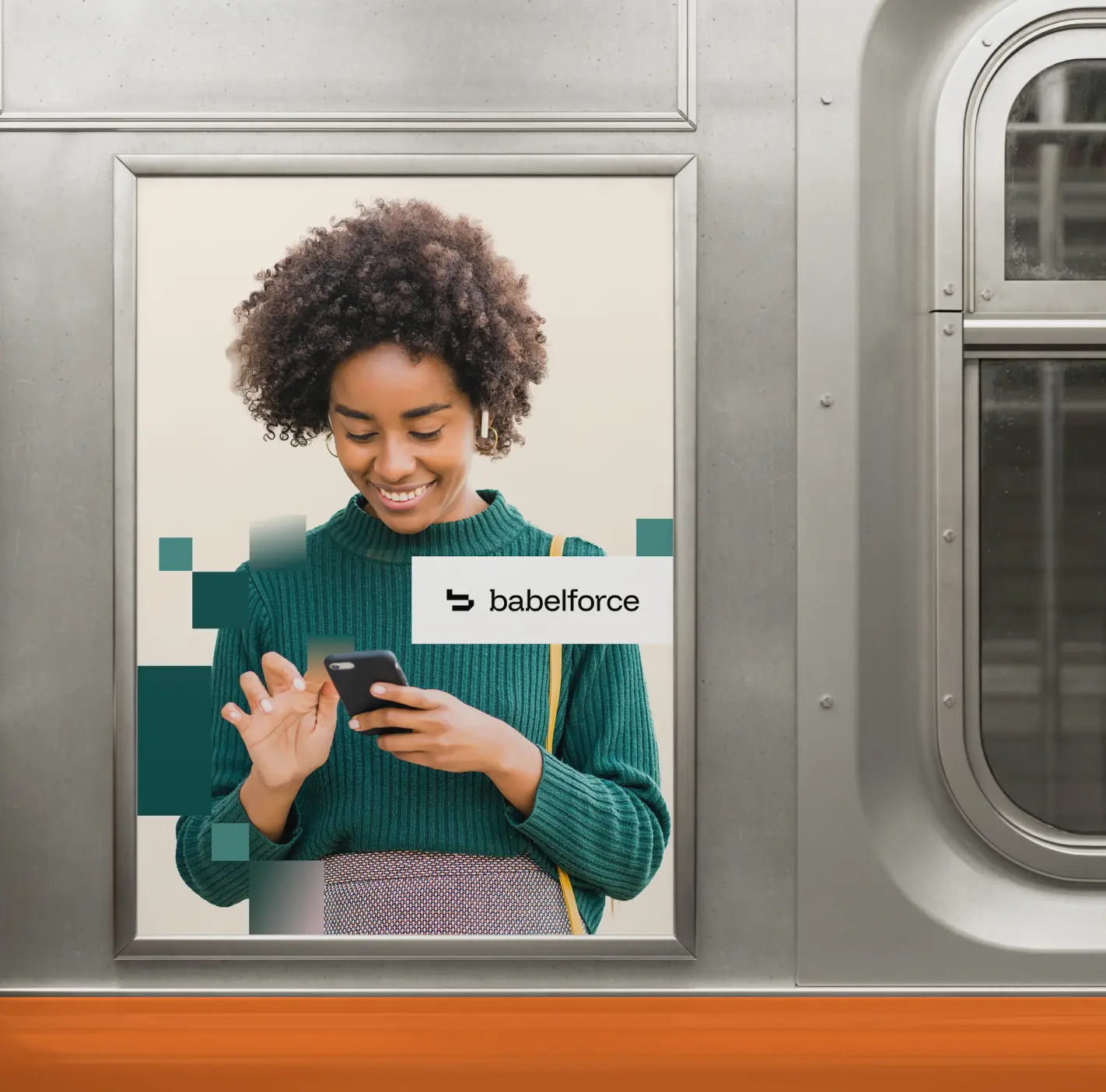babelforce brand poster displayed inside a train carriage featuring a woman smiling at her phone with teal geometric block pattern