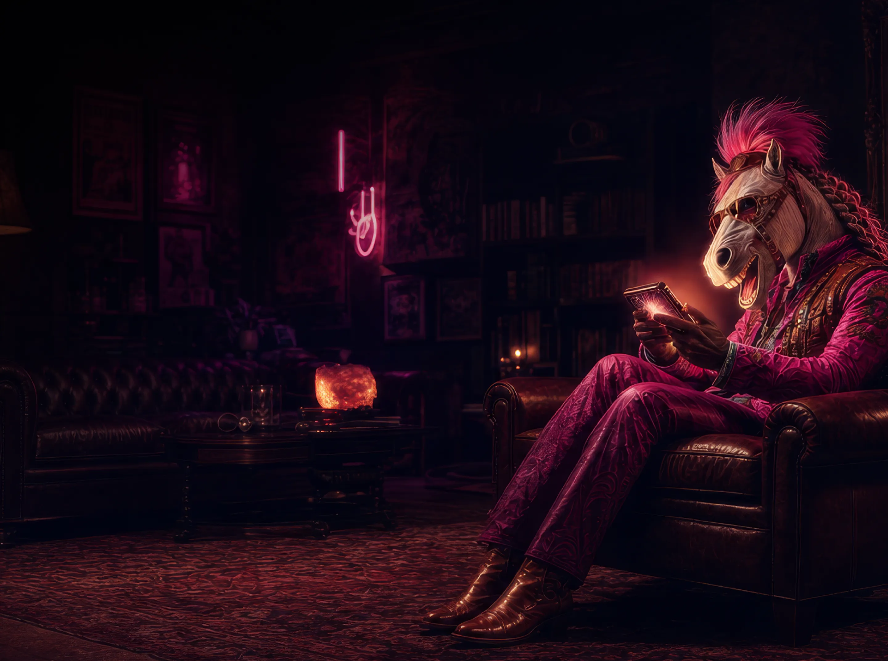 Stylish horse-headed character in a jacket using a tablet in a modern dark lounge.