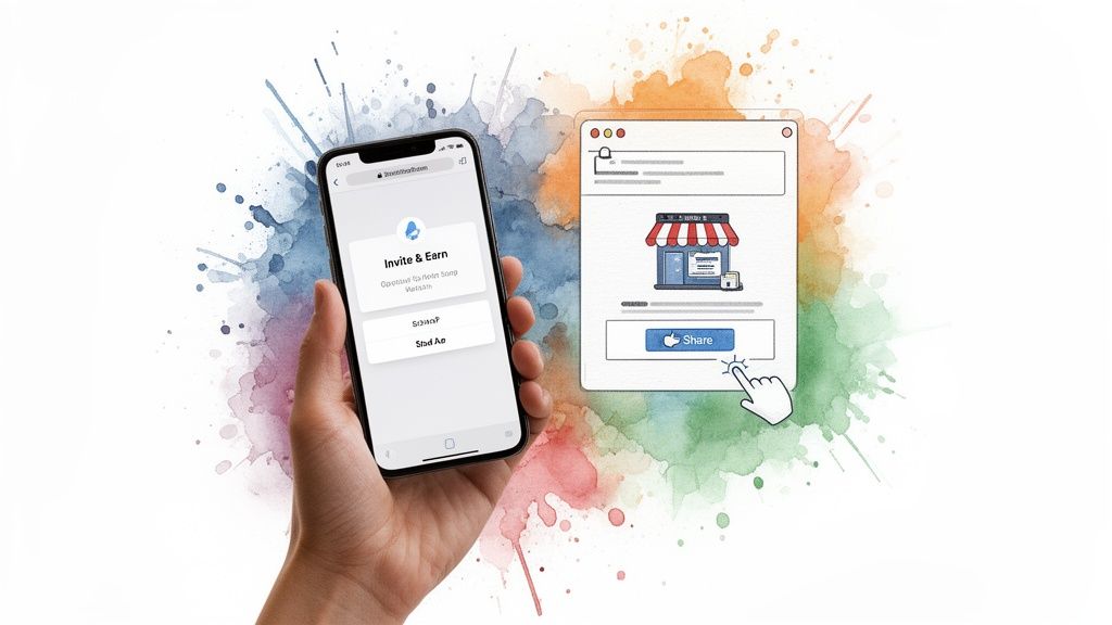 Smartphone displays 'Invite & Earn' program, beside a web interface showing a store and a 'Share' button clicked.