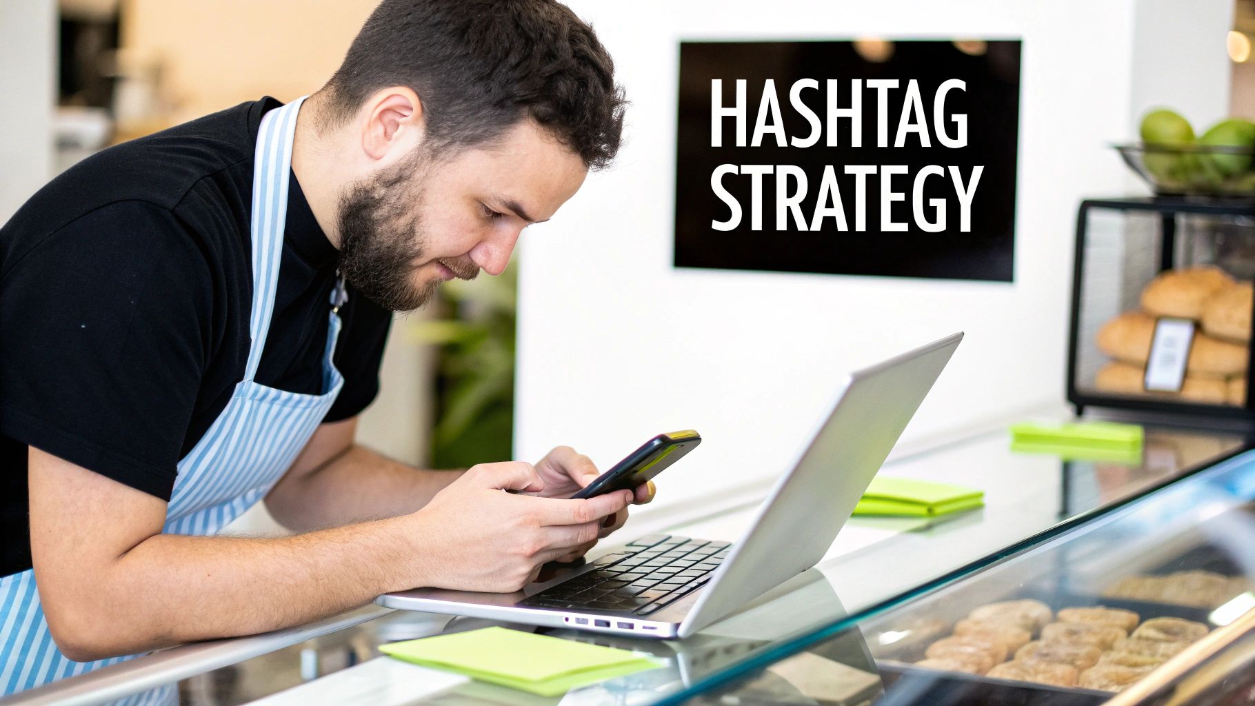 A man in an apron checks his phone next to a laptop, with a