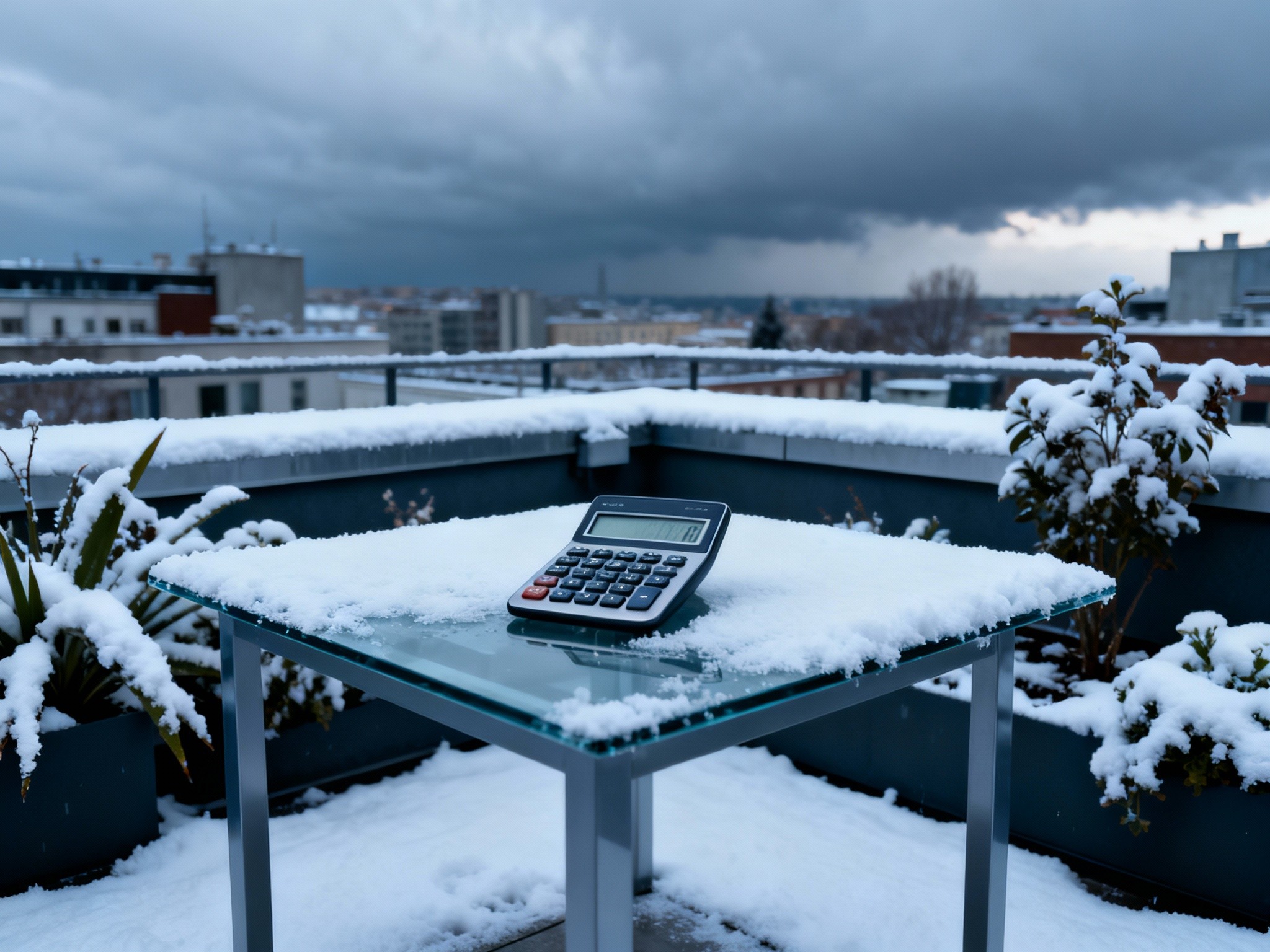 An expansive composition of a modern urban rooftop blanketed in fresh snow under a dramatic overcast