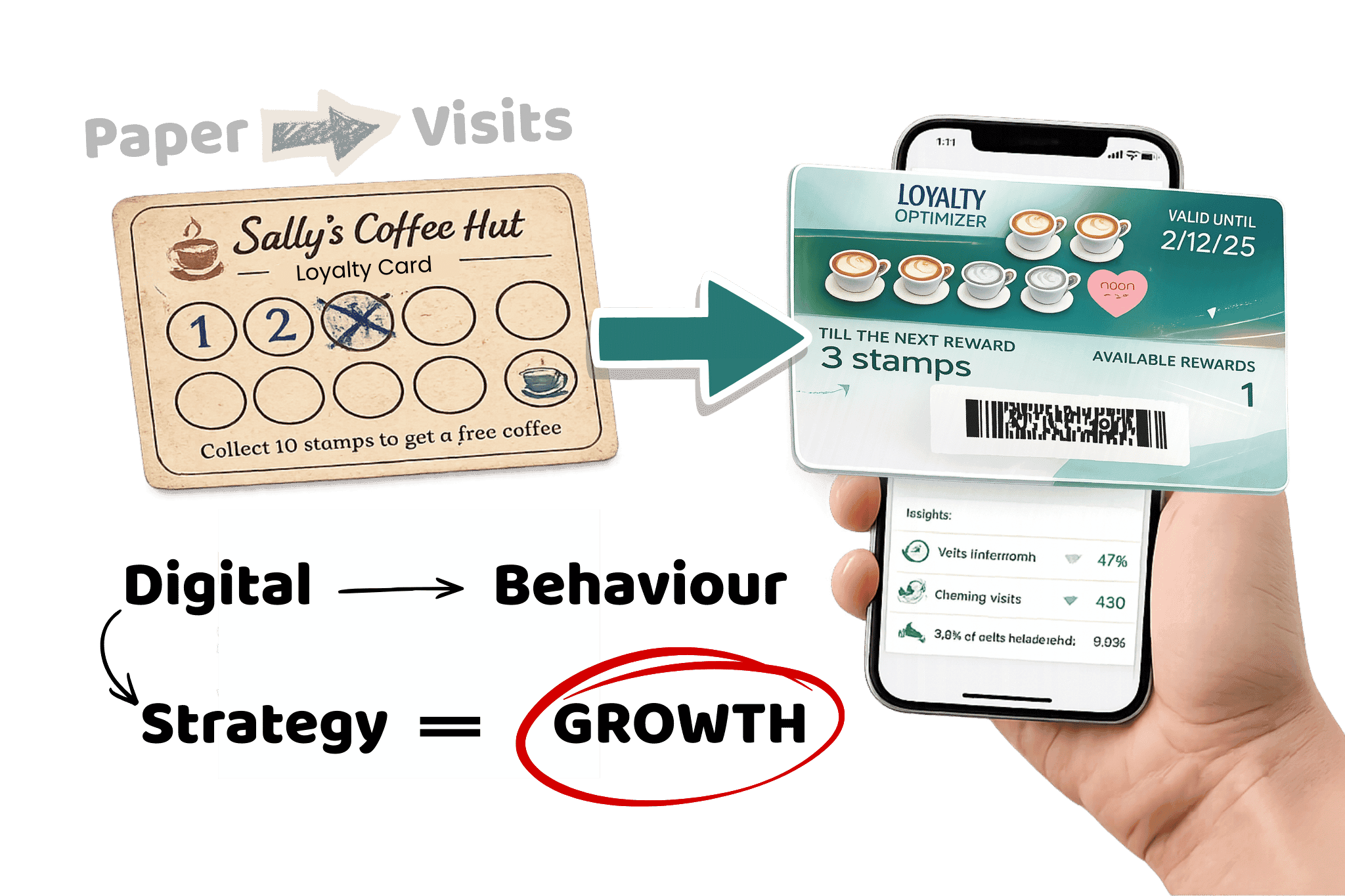 Paper coffee loyalty card evolving into a digital wallet pass, representing the move from visits to behavioural data.