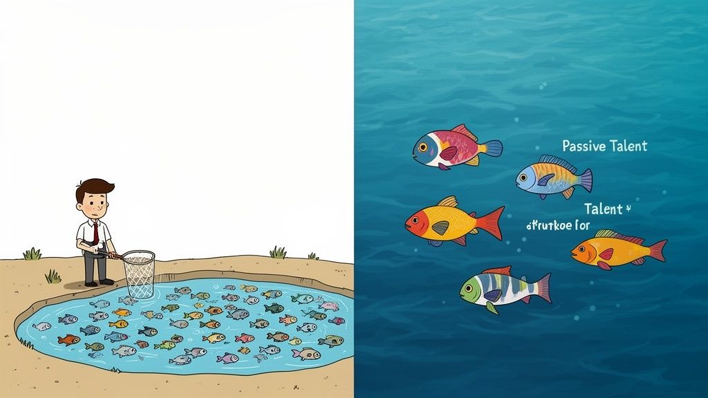 A split image contrasts a man fishing in a crowded pond with large, colorful fish in a deep ocean.