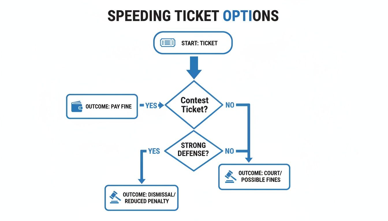 Flowchart detailing speeding ticket options, from initial ticket to possible outcomes like dismissal or fines.