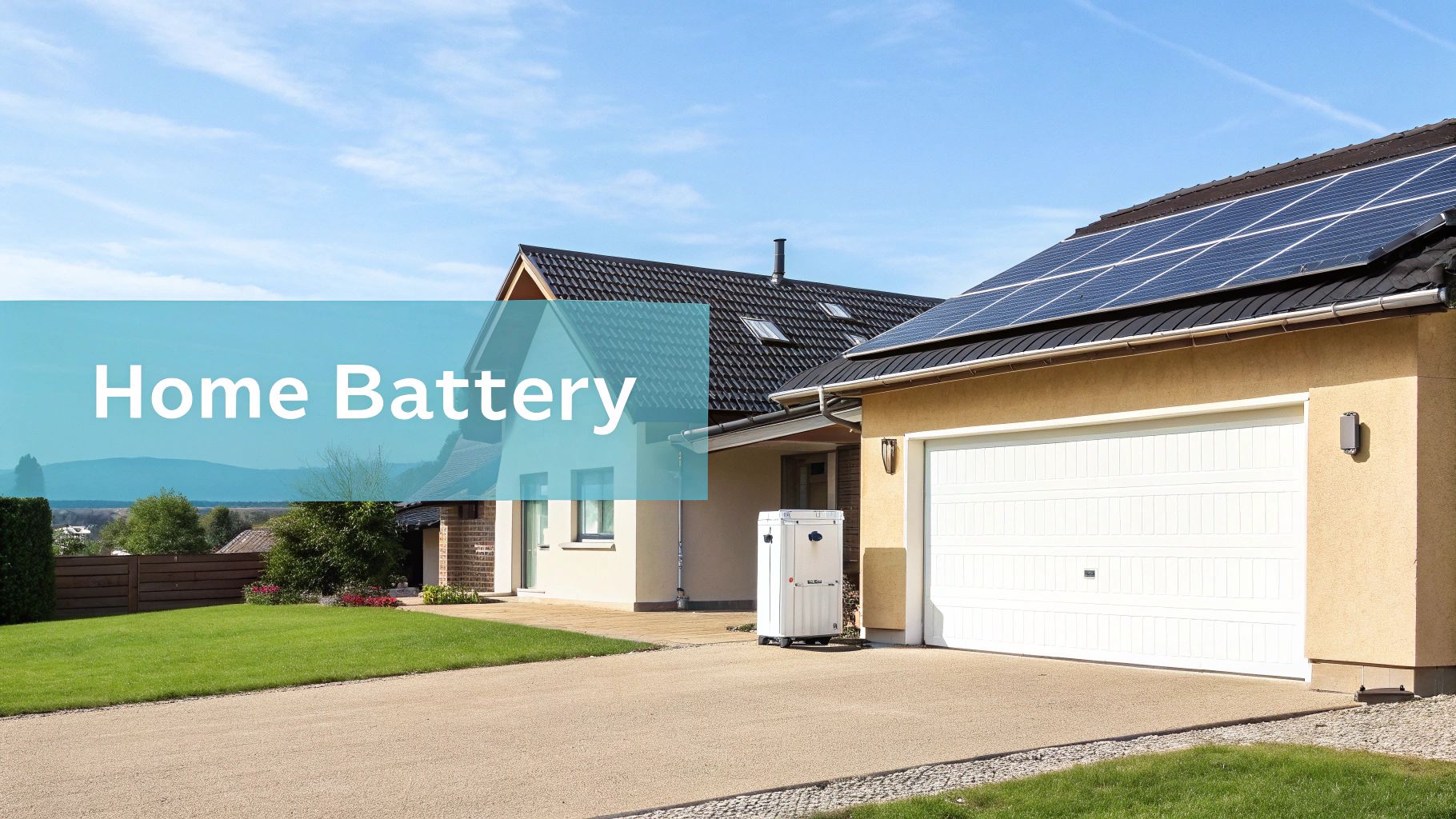 a blue text box reading 'home battery' with a tan california home in the background