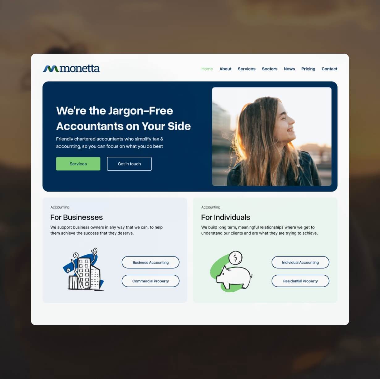 Monetta Accounting website homepage with woman, text, and graphics. Jargon-free accounting for businesses and individuals.