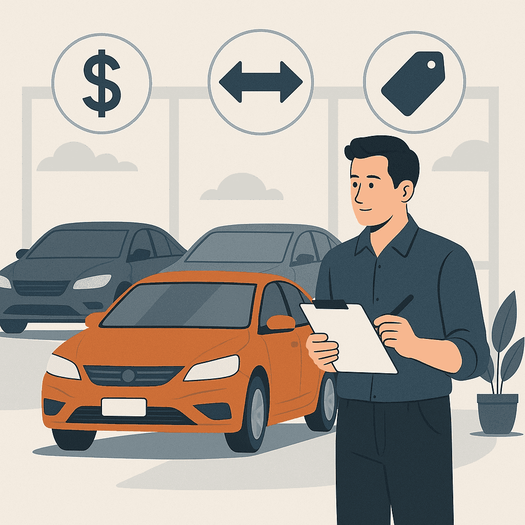 Venditore di auto che valuta le opzioni di auto con icone del dollaro, di scambio e del cartellino del prezzo.