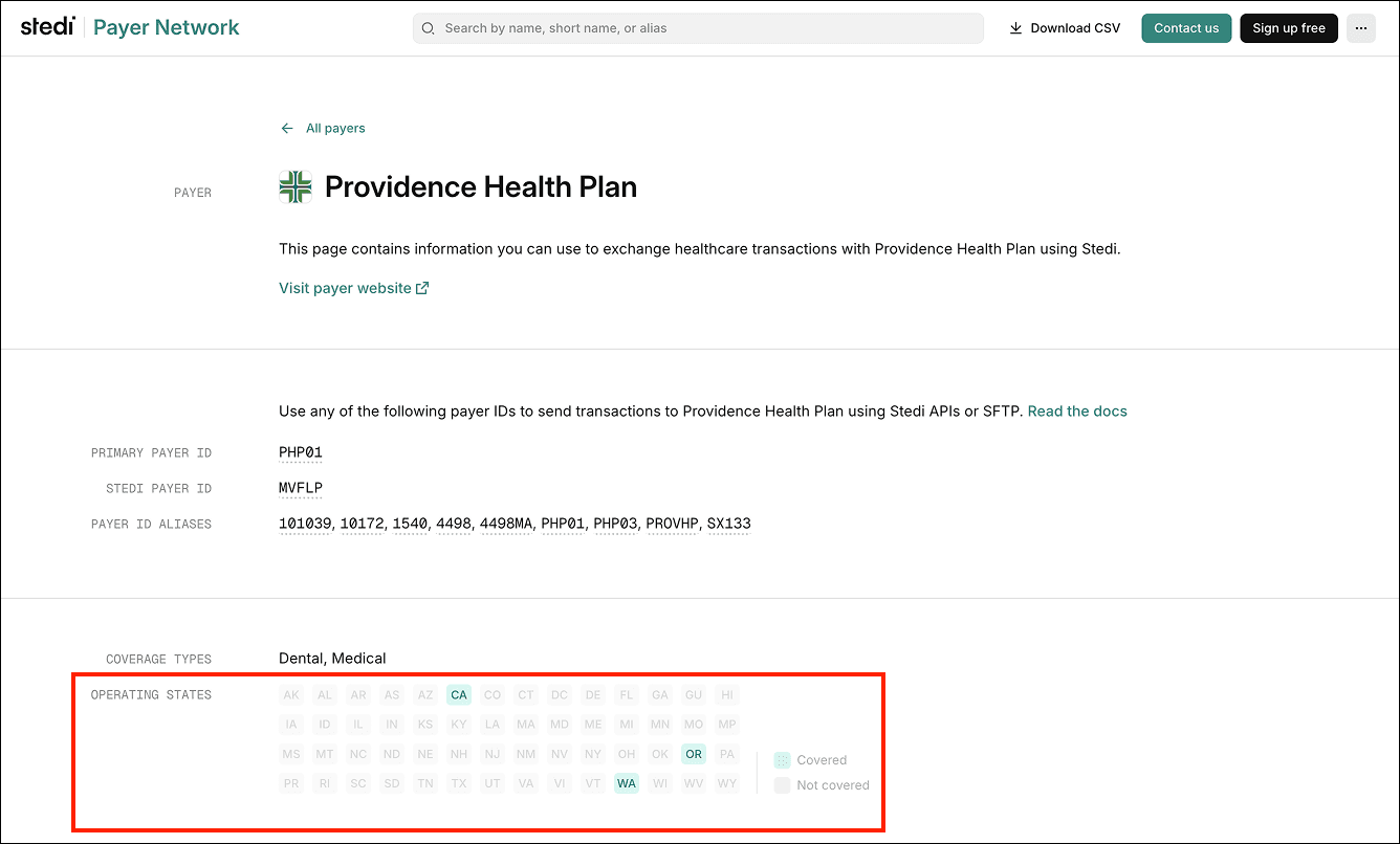 Operating States on the Payer page